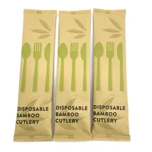Cubiertos de bambú desechables biodegradables, cuchillo envuelto en papel, tenedor, cuchara, conjunto de viaje, venta al por mayor, 2022
