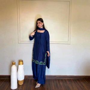 Navy Blue Solid Long Embroidered Woven 3-Piece Salwar Kameez <b>Set</b> Dupatta Top Quick Dry Wrinkle Free Silk Women's Ethnic Outfit - Product Image 1