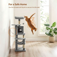 Tour d'activités robuste pour chat d'intérieur, anti-renversement, en peluche grise, multi-niveaux, extra-haute, avec hamac double porte et poteaux à gratter en sisal naturel
