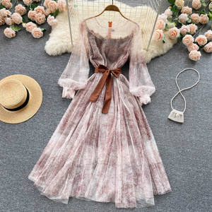 Robe trapèze à manches bulles vintage style super immortel pour femmes robe trapèze imprimée en maille fine pour premier amour - Product Image 5