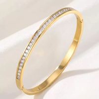 Gelang Baja Anti Karat Berlapis Emas 18K/Rose Gold dengan Kristal Rhinestone Oktagonal Berlapis Intan untuk Unisex, Trendi, Hadiah Ulang Tahun