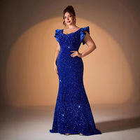 Robe de soirée longue en mousseline de soie bleue à sequins, style européen-américain, grande taille, coupe sirène évasée et ajustée pour femme