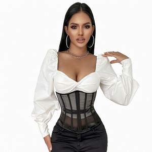 Women Satin <b>Corset</b> <b>Top</b> With Puff Sleeves Black <b>Mesh</b> Underbust Waist Shaper Firm Control Daily Wear - Product Image 1