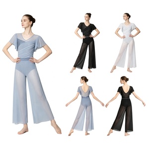 Women Lyrical Dance Costumes <b>Unitard</b> Jumpsuit <b>Mesh</b> Wide Leg Contemporary Overlay Rhinestone Waist for Stage Custom - Product Image 1