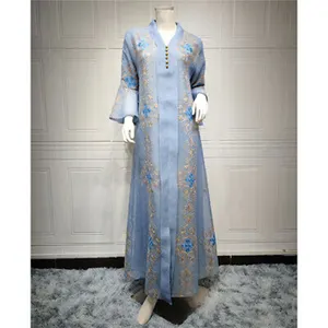 2022 New Fashion Dubai Abaya Puff Sleeves Embroidery Maxi Dress Muslim Women Turkish Arab Kaftan Jilbab Casual