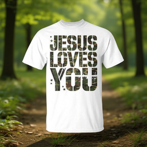 Camiseta con estampado de camuflaje, Jesús te ama, versículo bíblico cristiano, para hombres y mujeres, unisex - Product Image 3