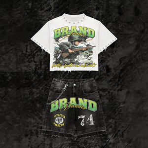 Custom Digital Printing Logo Summer Tracksuit Streetwear Acid Wash Vintage Graphics Rhinestone Men T-shirt <b>Sets</b> - Product Image 2