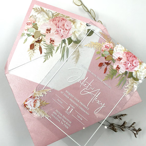 Enveloppe d'invitation de mariage de luxe en acrylique transparent rose pailleté avec doublure florale orchidée blanche et rose, impression personnalisée - Product Image 1