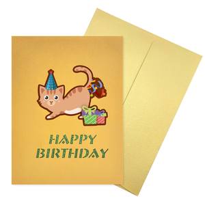 Carte de vœux 3D faite à la main avec un chat mignon et un gâteau d'<span class=keywords><strong>anniversaire</strong></span>, vernissage UV - <span class=keywords><strong>Joyeux</strong></span> <span class=keywords><strong>anniversaire</strong></span> pour les fêtes et les festivals - Product Image 4