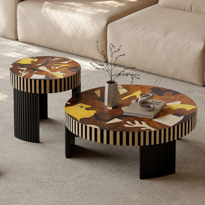 Tavolini Laterali con Piedistallo in Fibra di Vetro FRP Lucida Stile Metà Secolo, Colore <span class=keywords><strong>Nero</strong></span> Scuro Laccato con Intarsi Colorati, <span class=keywords><strong>Tavolino</strong></span> da Caffè - Product Image 1