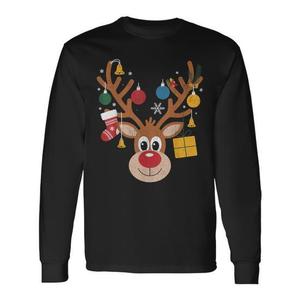 Maglietta natalizia a maniche lunghe con faccia di renna, girocollo unisex per adulti, stampa digitale, design natalizio - Product Image 1