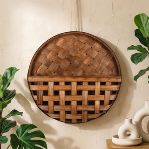 Round Wooden <b>Hanging</b> Basket <b>Wall</b> Decoration <b>Storage</b> For Home Decor Brown Woven Style - Product Image 2