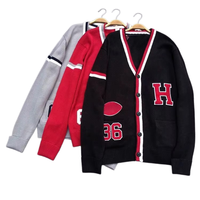 Großhandel Fabrik Maßgefertigte Geprägte Patches Letterman Baseball Strickjacke 100% Baumwolle Gestreifter Pullover Unisex Cardigan Schul-Varsity