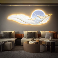 Peinture décorative murale 3D moderne de luxe haut de gamme avec lampe LED en porcelaine et cristal, motif baleine et plumes tombantes, pour fond de canapé, vente en gros