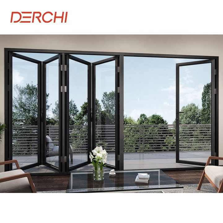 DERCHI NFRC铝折叠门样品价格热破碎玻璃外部天井手风琴门双层玻璃双折门| Alibaba.com