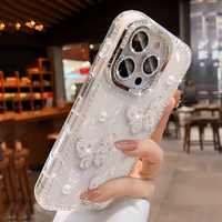 Coque de téléphone en silicone scintillante PC Bling Bling pour iPhone 16 15 14 13 12 11 Pro Max Plus, protection antichoc avec perles et papillons