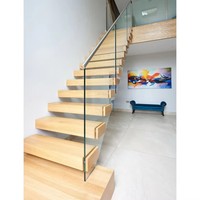 Escalier suspendu droit en bois avec balustrade en verre trempé pour intérieur