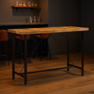 Table de bar en bois de manguier avec base en fer, design moderne pour bar à domicile ou usage commercial - Product Image 2