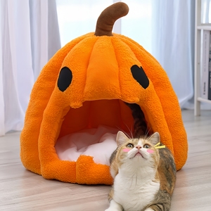 Cama Divertida para Mascotas con Diseño de Calabaza Navideña, Casa de Felpa Suave de Algodón PP, Cama de Lujo para Gatos y Animales Pequeños - Product Image 4