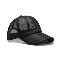 Gorra de béisbol unisex negra de 6 paneles con visera, bordado de letras, transpirable, de poliéster 100%, para verano y exteriores