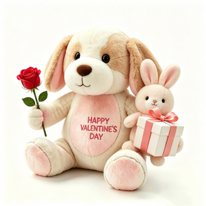 Peluche de cachorro personalizado ultra suave y esponjoso de dos tonos beige y blanco con orejas caídas, parche en el vientre rosa rubor, orejas internas y almohadillas para las patas. - Product Image 5