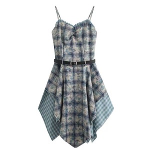 Blue Tie Dye Patchwork Plaid Suspender Dress Women A Line Tight Waist Asymmetric Casual Dress Daily Wear - Product Image 5