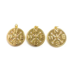 High Quality Factory Wholesale Jewelry Popular Compass Gold Plated Round Coin Pendant for Earrings Necklace DIY Woman Gifts