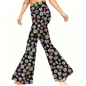 Leggings Vintage Neri a Zampa d'Elefante con Stampa Floreale Geometrica, Vita Alta, Elastici in Quattro Direzioni, Casual - Product Image 1