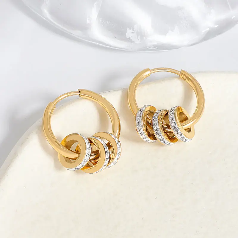 High Polished 14K Gold Plated Small Hoop Earrings in Stainless Steel 3 Ring Close Set Cubic Zirconia Round Hoop Earrings