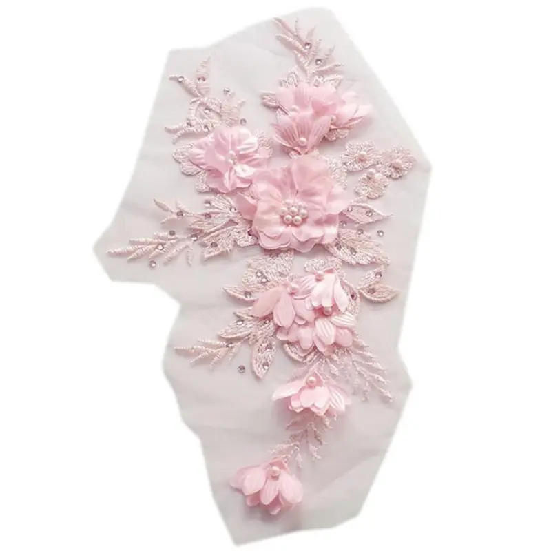 Net thêu 3D hoa ren đính với đính cườm Rhinestone cho váy cưới hiển thị trang trí quần áo ca015