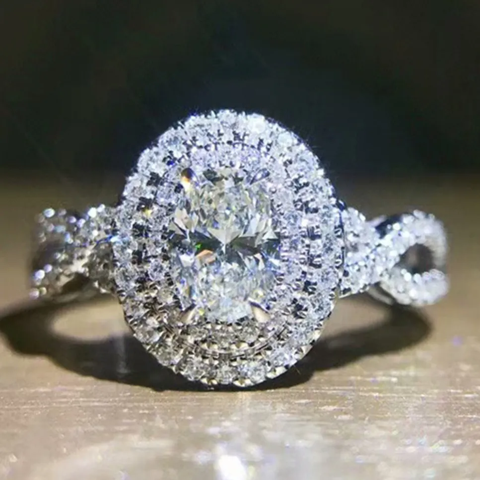 ที่ละเอียดอ่อนหมั้นแหวนแต่งงานผู้หญิงสาวใหญ่ Dainty แหวนเต็มอัญมณีหญิงแปดกลวงข้ามแหวนเงินรูปไข่