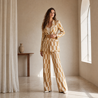 Ensemble de tailleur professionnel sur mesure pour femmes de grande taille, blazer en lin à motif damier et pantalon taille haute à jambes larges extra long, vente en gros