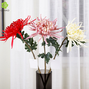 Fleur décorative d'intérieur en caoutchouc souple, chrysanthème rouge haute simulation - Product Image 2