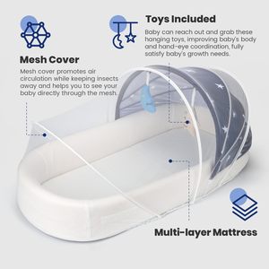 Nid d'ange portable pour nouveau-né avec baldaquin et moustiquaire - Support de jeu pliable léger pour nouveau-né et coussin avec housse lavable - Product Image 3