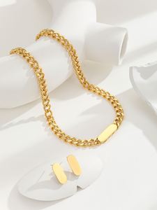 Conjunto de Collar y Pendientes de Cadena Cubana Unisex 316L, Geométrico, Estilo Hip-Hop Punk, Chapado en Oro, Acero Inoxidable, Zirconia, Grueso, para Aniversario - Product Image 3