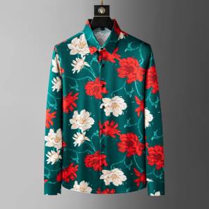 Camicia Floreale da Uomo Vintage Antirughe Traspirante a Maniche Lunghe in <span class=keywords><strong>Verde</strong></span> <span class=keywords><strong>Smeraldo</strong></span> e Rosso Intenso per un Design Vibrante e Alla Moda - Product Image 1