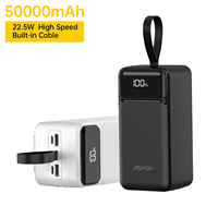 Batterie externe portable ultra-mince 22,5 W avec câble intégré, 50000 mAh, charge rapide, étanche, écran LED pour A319