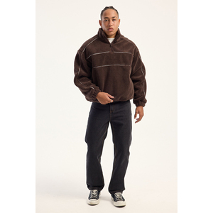 Felpa Oversize da <span class=keywords><strong>Uomo</strong></span> <span class=keywords><strong>con</strong></span> <span class=keywords><strong>Mezza</strong></span> <span class=keywords><strong>Zip</strong></span> e Logo Personalizzato, Pullover in Pile Marrone a Righe, Abbigliamento Casual Streetwear Invernale - Product Image 2