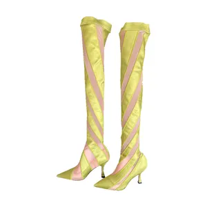 Sexy Pointed Toe Stiletto Long Boots for Women Candy Color Silk Mix Mesh Stretch Sock Women Over Knee Boots New Fashion Footwear