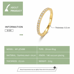 Slim Zircon <b>Ring</b> Stainless Steel with 14K Vacuum Plating White Stones and Faceted Band 0.2 cm <b>Thickness</b> Jewelry - Product Image 4