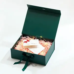 Caixas de presente magnéticas de luxo verde premium, personalizadas, conjuntos de embalagens com fita