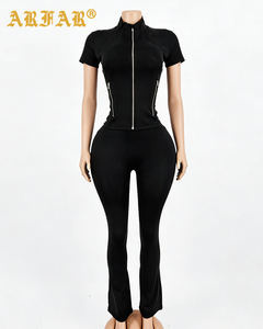 Custom Letter Printing Fall Activewear Sets <strong>Women</strong> Clothes Stand Collar Short Sleeve Zip Crop Top Flare Pants 2 Piece Tracksuit - Product Image 3