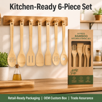 Ensemble d'ustensiles de cuisine en bambou, 6 pièces, outils de cuisson en bois naturel, spatule, cuillère, louche pour ustensiles de cuisine antiadhésifs, accessoires de cuisine