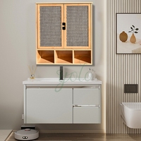 Étagère de rangement en bois à 2 portes, gain de place, organisateur de médicaments, armoire murale de salle de bain en bambou avec barre porte-serviettes et compartiment ouvert