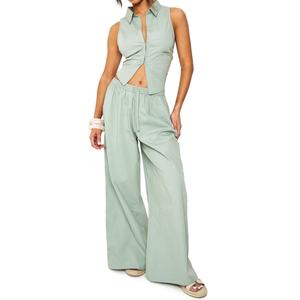 Pantalones de Algodón con Cordón Ajustable de Estilo Casual de Alta Calidad OEM para Mujer, Pantalones Anchos de Popelina - Product Image 2