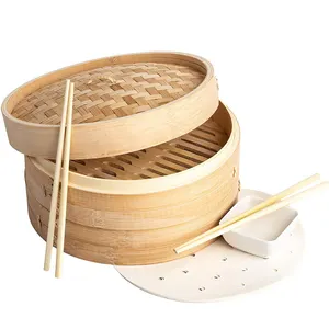 Natural Bamboo Dumpling Steamer with Lid contains 2 Pair of Chopsticks, 1 Sauce Dish & 50 Wax Papers Liners - Steam Cooker