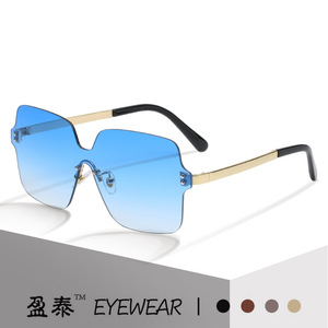 Eyewear Frameless Sunglasses Blue Gradient Lens UV400 Women's Fashionable Sunshades Gold Metal <b>Frame</b> - Product Image 1