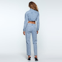 Offre Spéciale Nouvelle Mode Printemps Automne Sexy Lady Manches Longues Jean Courte Taille Haute Jambe Large Pantalon Deux Pièces Denim Ensemble