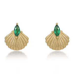 Gemnel Girls Holiday Jewellery Emerald Gemstones Gold Plated Sterling Silver Shell Stud Earring