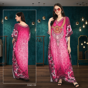 Kaftan <b>Dress</b> Latest Exclusive Export Quality Printed Kaftan Polyester Crepe Women Free Size Stone Work Beachwear Collection - Product Image 3